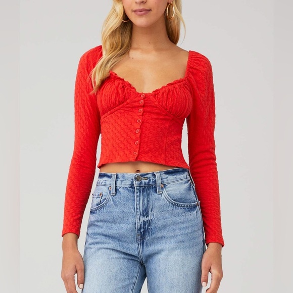 Free People ladybug top corset sweetheart long sleeve crop textured knit fire - Picture 1 of 10